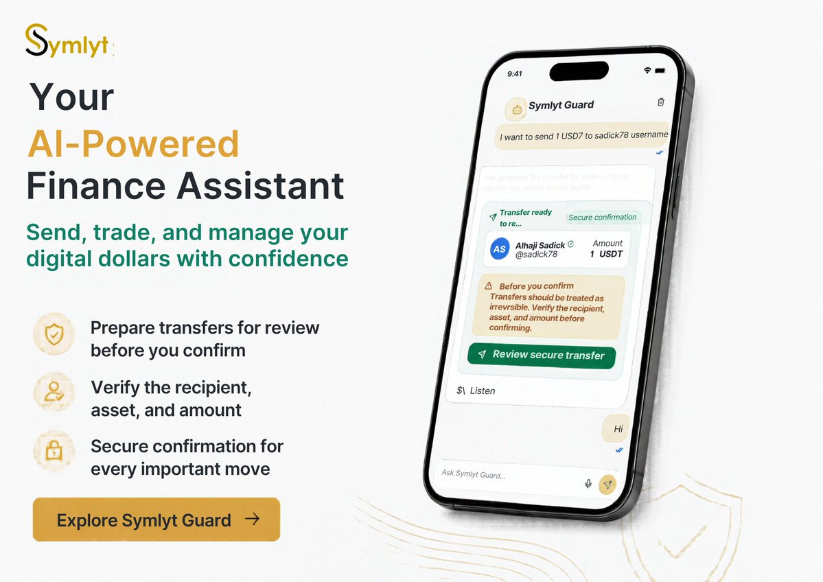 symlyt_app's tweet photo. 🤖 Meet Symlyt Guard — your AI-powered finance assistant. 🛡️

Managing digital dollars should be simple, but every transaction deserves attention.

With Symlyt Guard, you can:
✅ Prepare transfers for review before confirming
👤 Verify the recipient, asset, and amount
🔐 Review important transaction details before you proceed
💬 Interact with your finances using AI

Smarter assistance. More informed decisions. Greater confidence with every move.

Your finances, with an extra layer of care. 💛
Explore Symlyt Guard.

#Symlyt #AI #Web3
