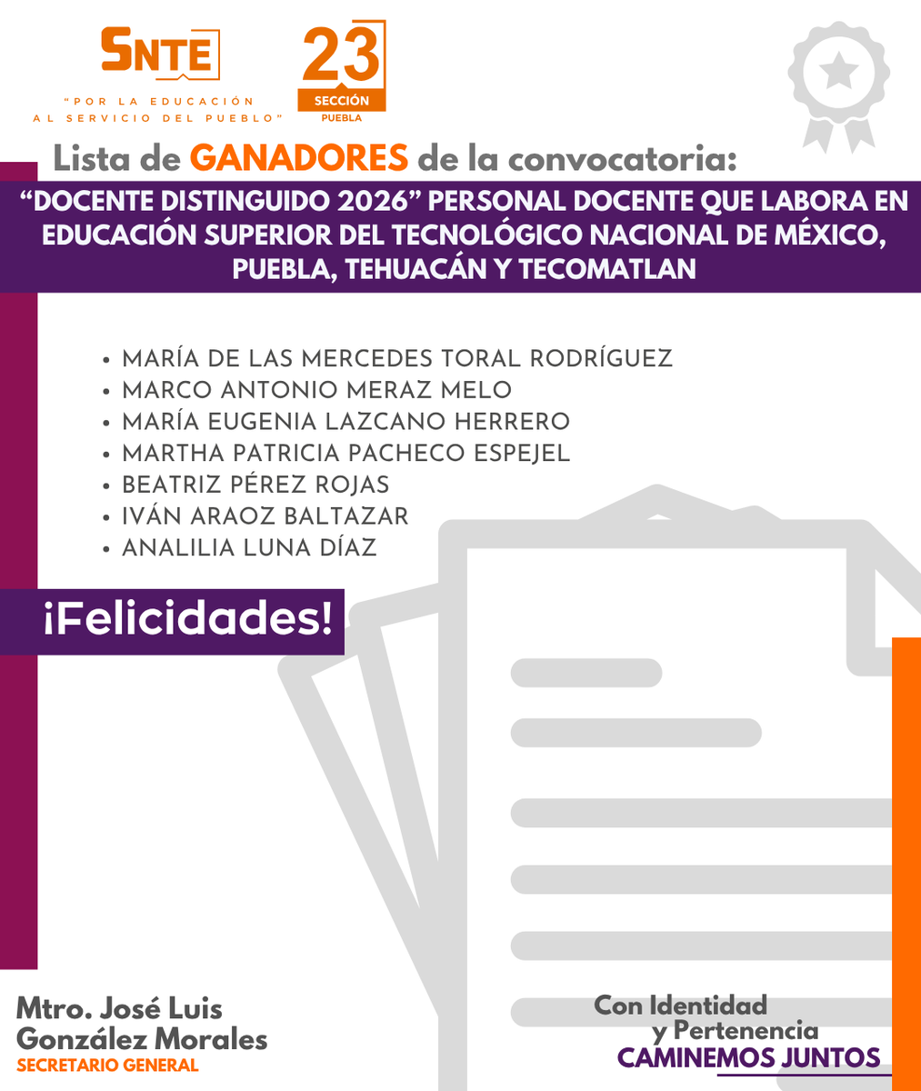 SNTE_Seccion_23's tweet photo. ✅Consulta las listas de los ganadores de las convocatorias para estímulos a “Docentes Distinguidos 2026, Educación Media Superior y Superior”
#SNTE23
#ConIdentidadYPertenencia
#CaminemosJuntos
#UnoSomosTodosyTodosSomosUno https://t.co/X5GfHkqBPa