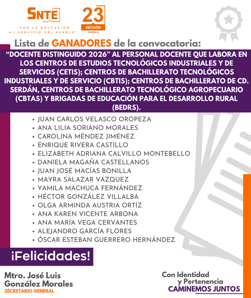 SNTE_Seccion_23's tweet photo. ✅Consulta las listas de los ganadores de las convocatorias para estímulos a “Docentes Distinguidos 2026, Educación Media Superior y Superior”
#SNTE23
#ConIdentidadYPertenencia
#CaminemosJuntos
#UnoSomosTodosyTodosSomosUno https://t.co/X5GfHkqBPa