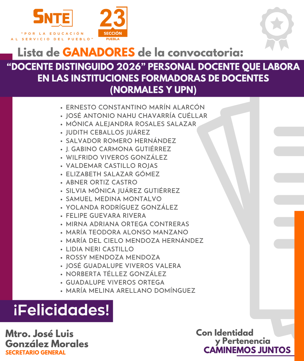 SNTE_Seccion_23's tweet photo. ✅Consulta las listas de los ganadores de las convocatorias para estímulos a “Docentes Distinguidos 2026, Educación Media Superior y Superior”
#SNTE23
#ConIdentidadYPertenencia
#CaminemosJuntos
#UnoSomosTodosyTodosSomosUno https://t.co/X5GfHkqBPa