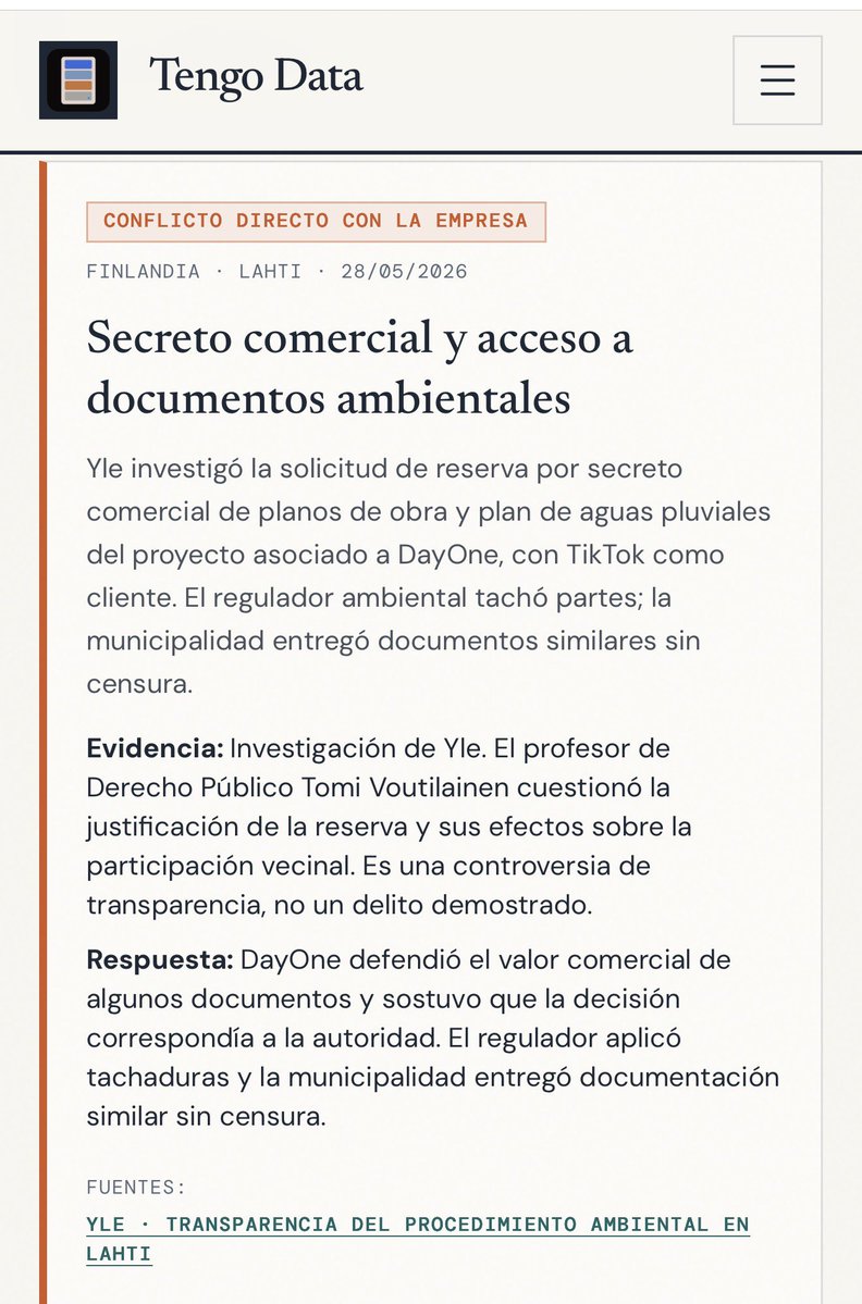 TengoDataok's tweet photo. Presentamos nueva sección en Tengo Data. Ahora podés conocer las empresas que hacen anuncios de inversión en Argentina. Antecedentes, creación de empleo, conflictos comunitarios, denuncias ambientales. 

Empezamos con DayOne, empresa en actual negociación con el gobierno argentino.
