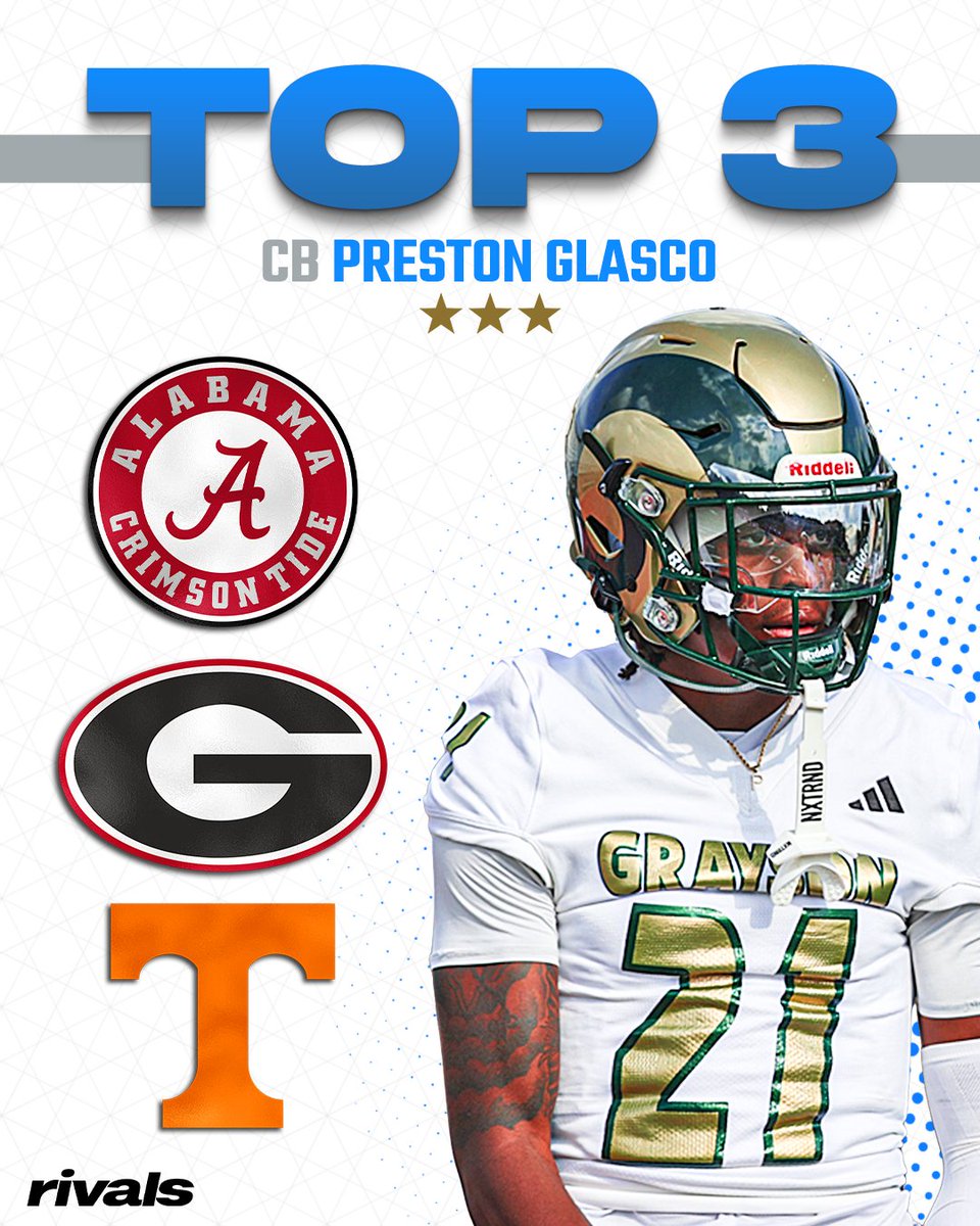 Rivals's tweet photo. 🚨NEWS🚨 2027 CB Preston Glasco is down to Alabama, Georgia, and Tennessee, @Hayesfawcett3 reports.

https://t.co/U85vNd8Lis https://t.co/EdXHvI6WP6