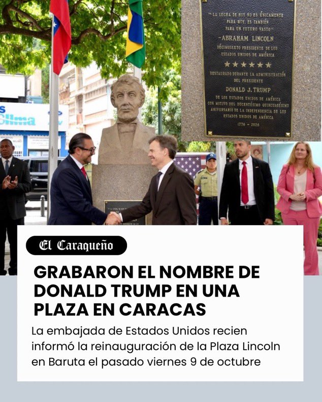 freddyzur's tweet photo. ‼️🚨 ¡DE NO CREER EN CARACAS! 😧🇻🇪
En la reinauguración de la Plaza Lincoln (Colinas de Bello Monte, Baruta), terminaron grabando el nombre de... ¡Donald Trump! 🪵🗿
En el evento estaban el alcalde @darwin_gonzalez y el encargado de Negocios de EE. UU., John Barrett.
¿Homenaje diplomático, descuido histórico o el "crossover" menos pensado del año? 🤷‍♂️🏻