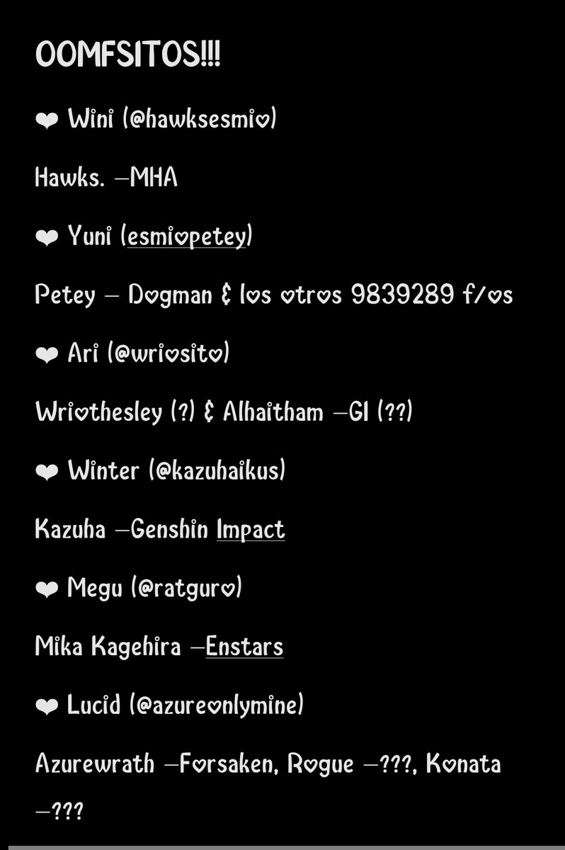 pursuercitos's tweet photo. ok void a rehacer tanto mi fid. list como mi taglist, comenten sus f/os (sin miedo, tampoco hay límite de f/os) yy si hacen eso ya están sentenciados a estar en mi taglist lo siento :/// https://t.co/6qDUvcdGlQ