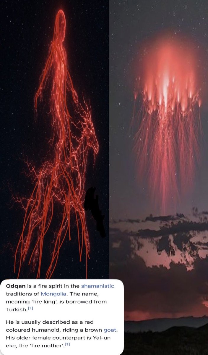 OakieJs's tweet photo. How about a 'what if'........

What if, in eras prior to those with electricity/light pollution, it was normal to catch glimpses of red sprites and other upper atmospheric events?

And they often looked as though they were low on the horizon, even though they weren't. They are sometimes photographed nowadays looking as if they're hunched over the skyline.

And what if the people had no explanation for this phenomenon, so they attributed it to gods, elves, spirits, etc.

Ancient fire/lightning beings, will-the-wisps, flashing fires, flying fireballs emitting light, red men riding goats across the horizon, deities from all over the world. 

Sometimes these deities were naturally attributed to cometary other celestial activity, but I would guess they witnessed these sprites as well, with much better visibility than we have today.

I mean, every time I see images of atmospheric sprites, I find myself staring at them in reverent amazement as well.

If this is a possibility, how serendipitous that we gave them those monikers.