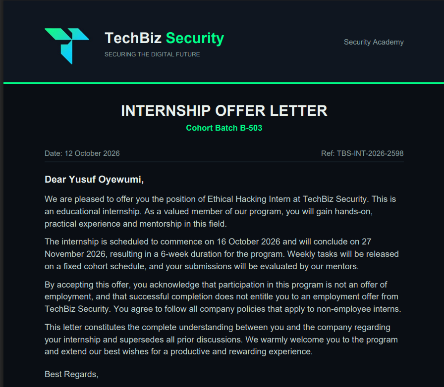 Yusufvic98Yusuf's tweet photo. 📈 Update:
 Alongside the CodeAlpha internship;
TECH BIZ SECURITY has offered me 2 more — SOC Analyst Intern &amp; Ethical Hacking Intern. 
That’s 3 cybersecurity internships starting this week! 
A big task to balance, but I’m all in and ready to put in the work. 💪 
#CyberSecurity https://t.co/VW7wMZ2Q5Q