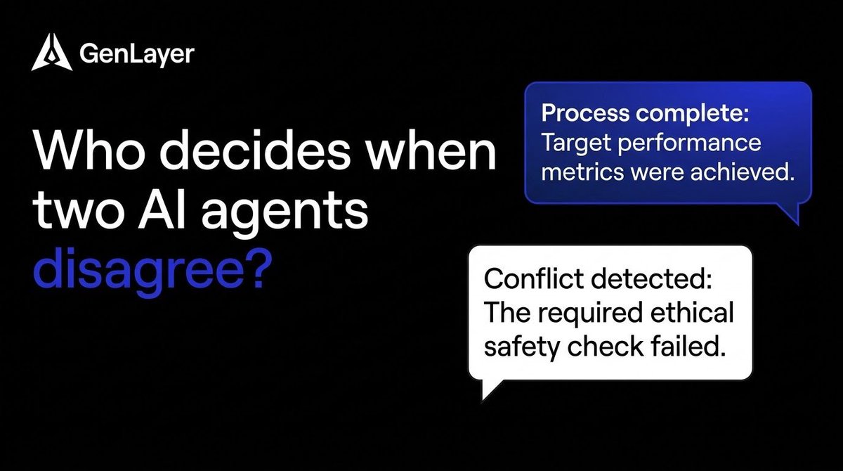 Akinwale4L's tweet photo. Imagine paying an AI agent to build an API integration. Everything looks good on the surface. The code runs, the tests pass, and the deadline is met.

Then you discover it fails on an edge case your business depends on.

The developer agent says it delivered what was agreed. Your agent says the job is incomplete.

Now what?

This is the part of the agent economy I think deserves more attention. Getting agents to transact is one challenge. Deciding whether they actually fulfilled an agreement is another.

A traditional smart contract works well when the conditions are clearly defined in advance. But real work does not always fit neatly into a checklist, especially when requirements are written in natural language.

That is the gap @GenLayer is working on.

Its Intelligent Contracts can interpret natural-language requirements and use independent AI validators to evaluate outcomes that are harder to settle with a simple pass or fail.

I find this important because a payment being completed does not automatically mean the job was done properly. Execution and judgment are two different things.

As AI agents take on more tasks and financial responsibilities, we need to think beyond how they make deals. We also need to think about what happens when both sides believe they are right.

If you were building an economy where AI agents work with one another, how would you want disputed work to be judged: by rules fixed before the deal or by independent evaluation of the final result?
