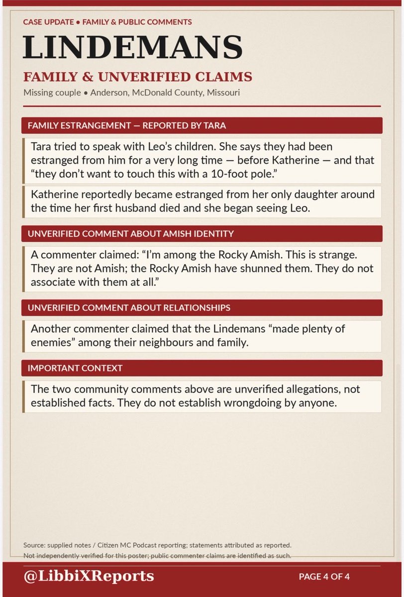 LibbiXReports's tweet photo. 🚨NEW LINDEMAN INFO:
4 Page: Random New Statements, Facts & Debunking info.
*Note: “the couple” speaking about vet documents are The Amish couple.
#Lindeman #Missouri #MissingPersons
Sources: Citizen MC Podcast, Mildred (Amish Wife), Direct Comments https://t.co/SWynmL3Du7
