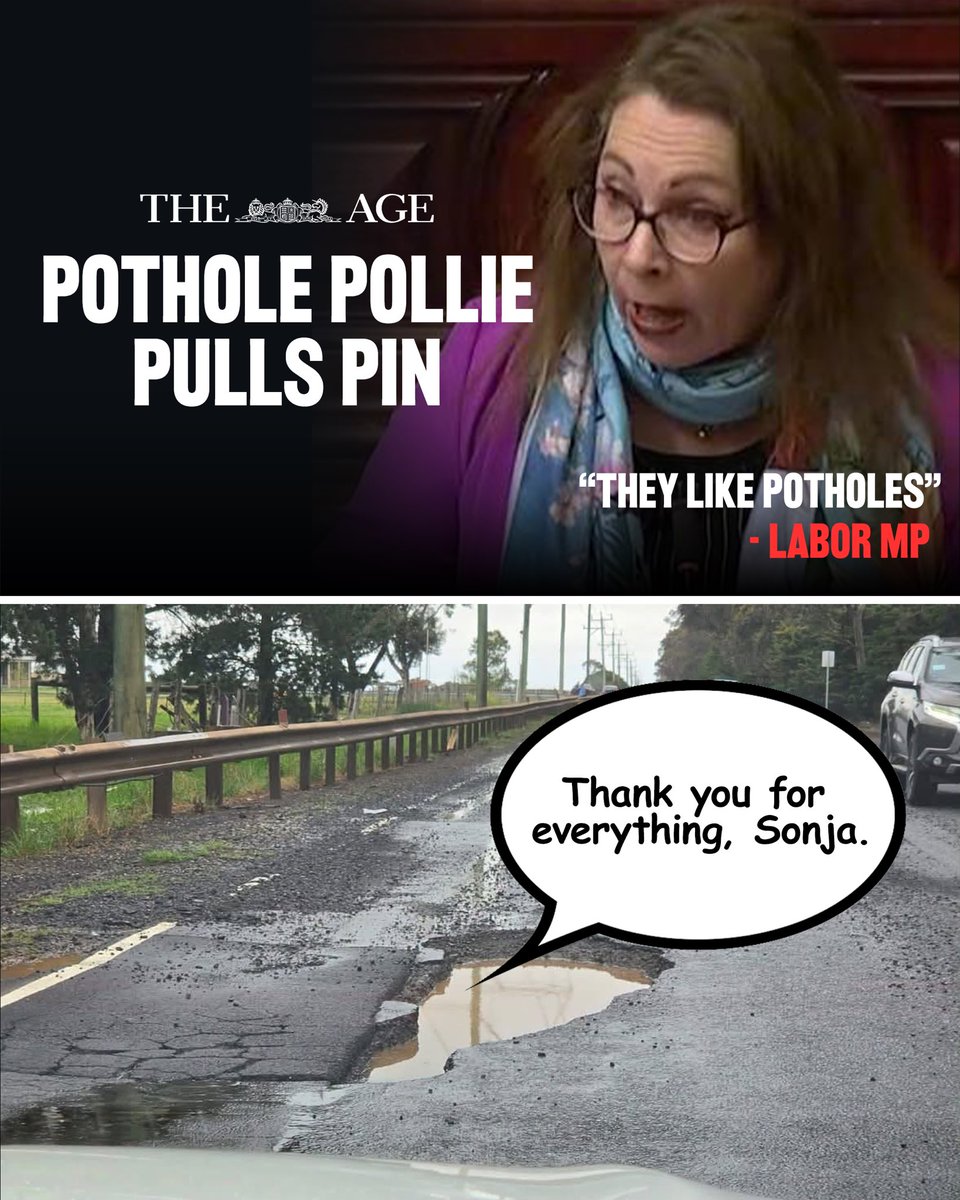LiberalVictoria's tweet photo. Labor's Minister for Pothole Protection has resigned.

Labor's potholes across the State are thanking her for her fierce advocacy on their behalf… https://t.co/OEu9ZwNHlX