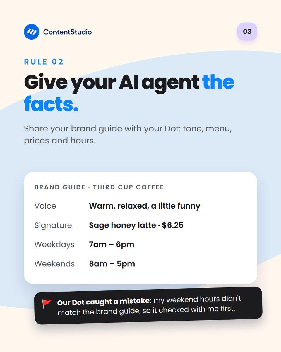 ContentStudioio's tweet photo. ChatGPT Dots can draft, schedule and publish for you.

Before you hand one your client's socials, set 3 rules:

1. Choose what it posts on its own
2. Give it the facts
3. Make it check old posts first

Full setup with ContentStudio 👇
https://t.co/Sub4do10yR https://t.co/FfNU4YbyII