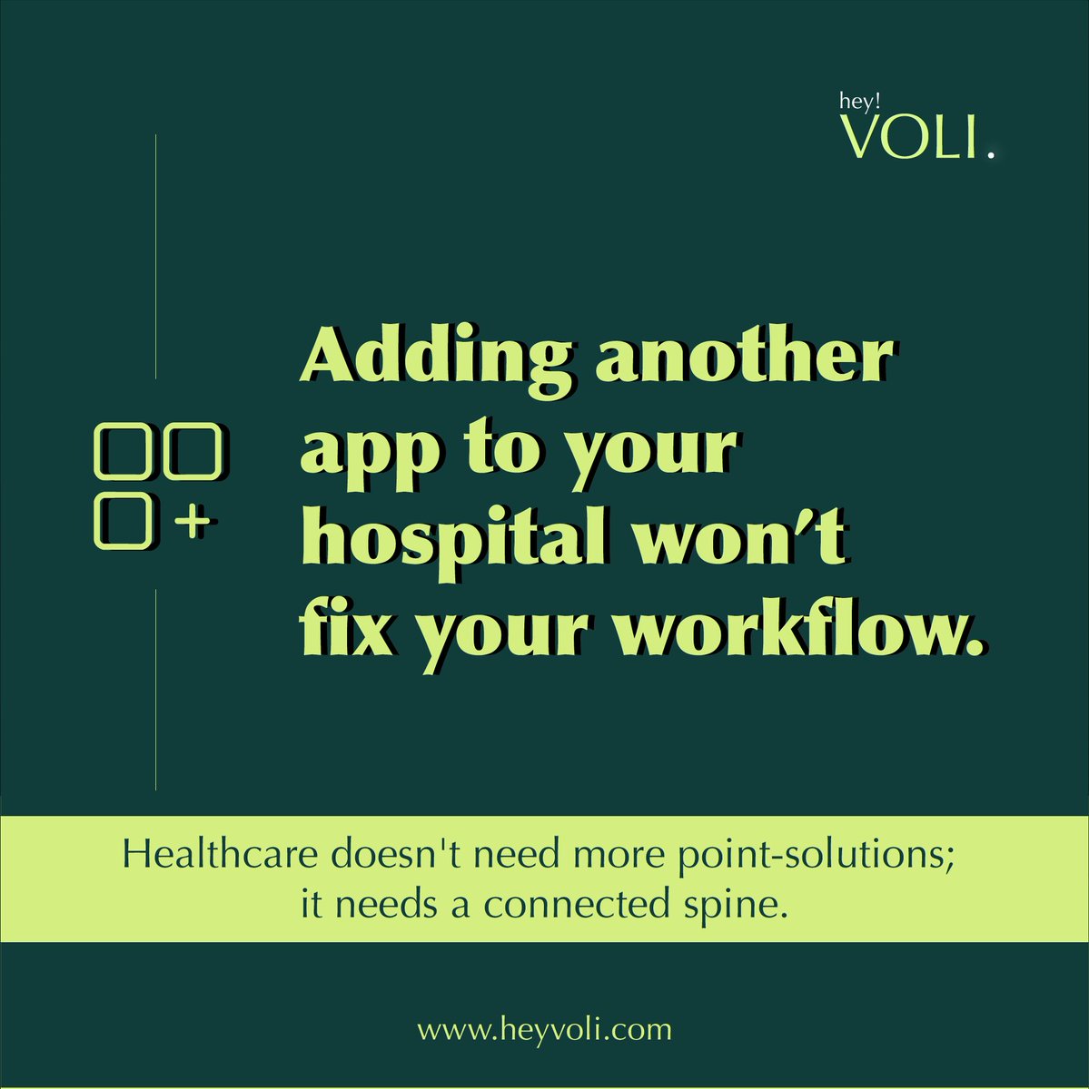 heyvoli's tweet photo. Adding another app won’t fix your hospital’s workflow.

Healthcare doesn’t need more point-solutions—it needs a connected spine.

CareOS unifies data into a single operational engine.

#HealthTech #DigitalHealth #HealthcareIT #CareOS #HealthInfrastructure #HeyVoli https://t.co/BuNQ59COKF