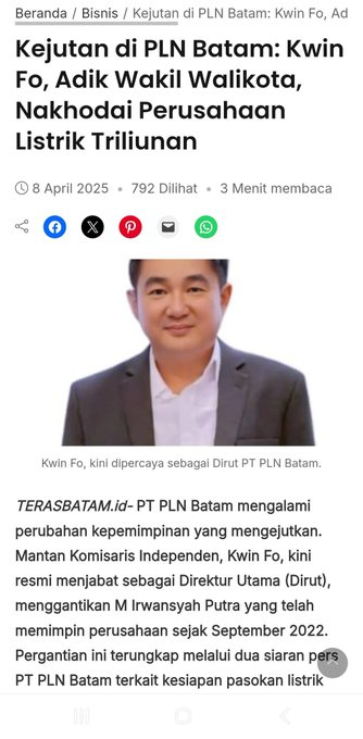 ejaaipongg's tweet photo. BLACKOUT LUMPUHKAN BATAM, WARGA DESAK DIRUT PLN BATAM MUNDUR ‼️‼️

TERNYATA ADIKNYA WALIKOTA BATAM, KWIN FO NAHKODAI PERUSAHAAN LISTRIK TRILIUNAN. 

Ancaman Blackout dan Gangguan Air Bersih Jadi Alarm Infrastruktur, serta transaksi perdagangan dan investasi yang tersendat. 

Sebagai kota yang mengandalkan sektor industri, perdagangan, jasa, dan investasi, Batam seharusnya memiliki sistem infrastruktur yang mampu menjamin keberlangsungan aktivitas masyarakat, termasuk ketika terjadi gangguan atau keadaan darurat.

Pemadaman listrik tidak hanya mengganggu kenyamanan warga, tetapi juga berpotensi menimbulkan dampak berantai terhadap berbagai sektor kehidupan.

Aktivitas rumah tangga, operasional pelaku usaha, kegiatan industri, hingga pelayanan publik dapat terdampak ketika pasokan listrik terganggu. Kondisi tersebut semakin menyulitkan masyarakat apabila distribusi air bersih ikut mengalami gangguan.