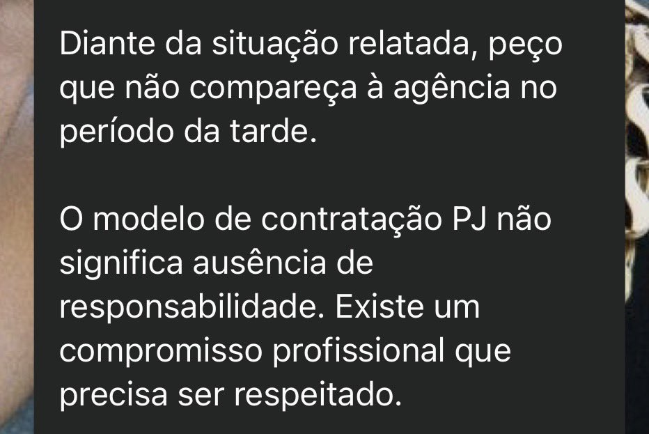 soncanabico's tweet photo. não eh nesse nível mas sou pj e fui demitido hoje por informar que não iria trabalhar no feriado e o que dizia no contrato de encerramento era “descumprimento das atividades e entregas acordadas, além de falta de evolução esperada.”  dito isso cobravam horário 8h as 18h https://t.co/ykCDjjegGv