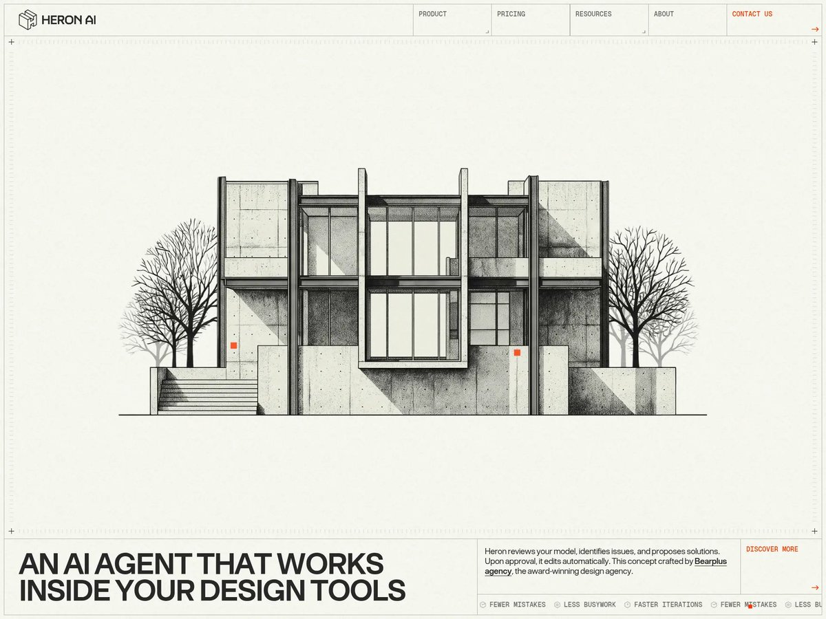 from79067926926's tweet photo. Heron AI by Bearplus, Awwwards Site of the Day. Blueprint line drawings on off-white with an orange accent, and a hero you drag across to reveal code violations as orange callouts. Nice case of the product demo being the hero.

#webdesign #Awwwards
https://t.co/nxdww4cDGh https://t.co/EVbTL8soYT