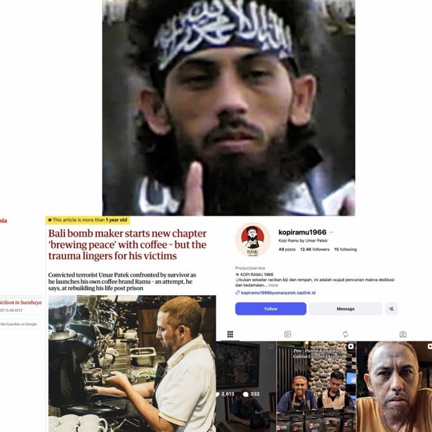 DrewPavlou's tweet photo. One of the main Bali Bombing terrorists now runs a cafe in Indonesia and boasts on Instagram about his involvement in the attacks.

88 Australians were killed but our government does nothing.

What would Mossad do? They would hunt this guy down to the ends of the Earth and fucking destroy him.

Our government in Australia is too weak and cucked to even demand his extradition.