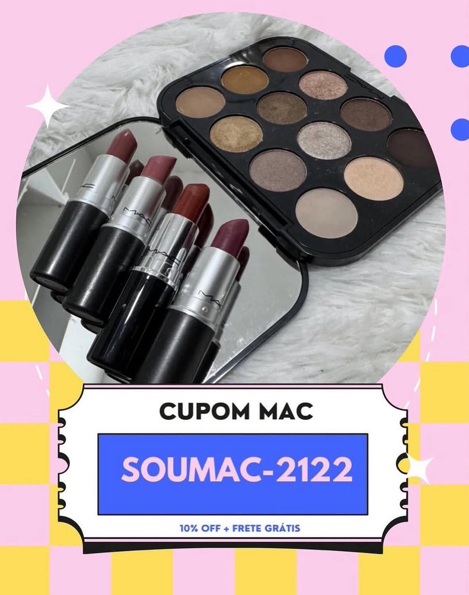 cupom_da_ba's tweet photo. Cupom MAC Cosmetics 2026: SOUMAC-2122 🖤
Use o cupom da influenciadora SOUMAC-2122 para garantir 10% de desconto + FRETE GRÁTIS no site da M·A·C Cosmetics! 💄
Válido em todo Site o ano todo e em 2026. 🛍️
#maccosmetics #cupommaccosmetics #cupommac https://t.co/GQ4QQephdk