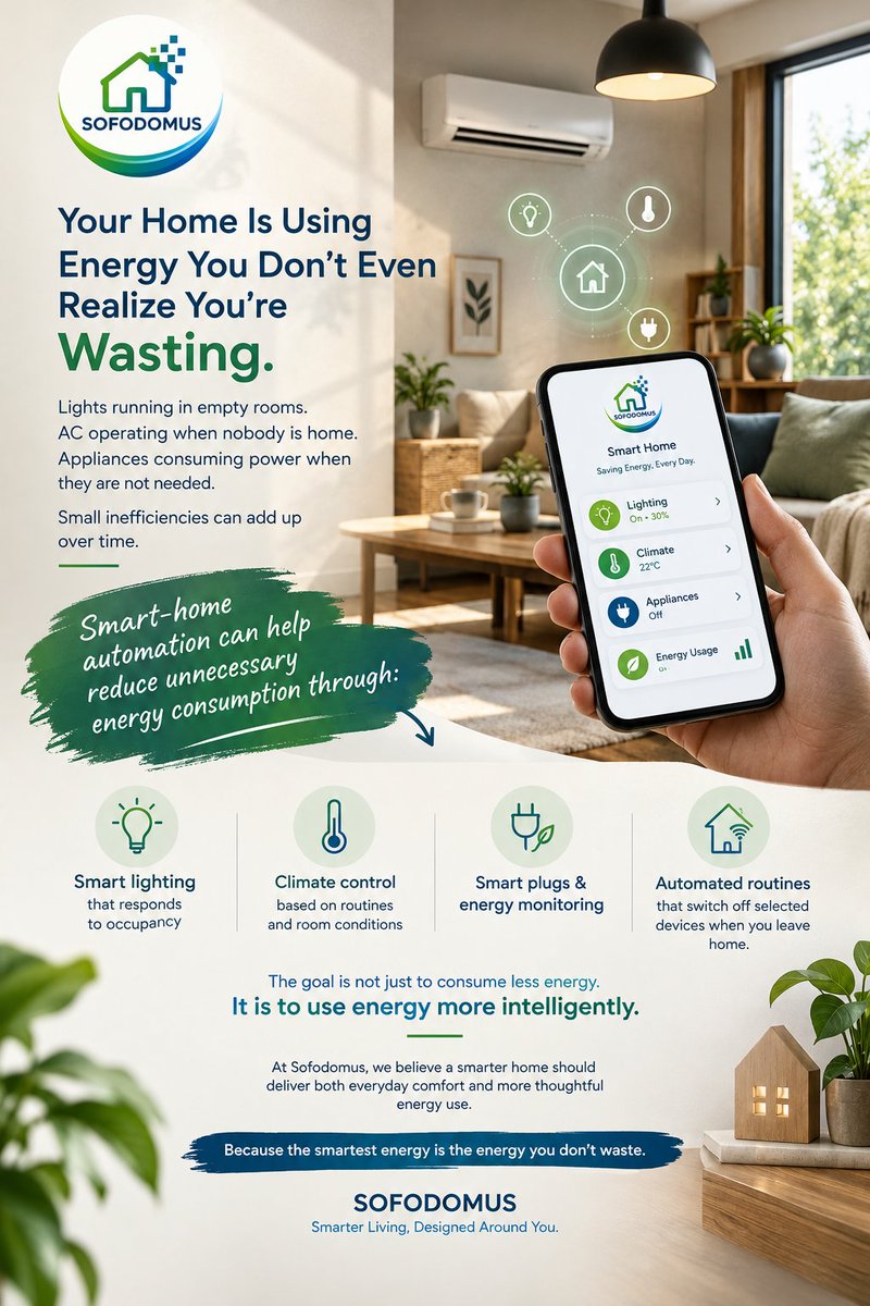 Sofodomus's tweet photo. Lights on in empty rooms. AC running when nobody’s home. Unnecessary energy waste adds up.

Smart-home automation helps manage energy more intelligently.

Use energy wisely. Live smarter.

Sofodomus | Smarter Living, Designed Around You.
#Sofodomus #EnergyEfficiency #SmartHome https://t.co/o52wsqcFSK