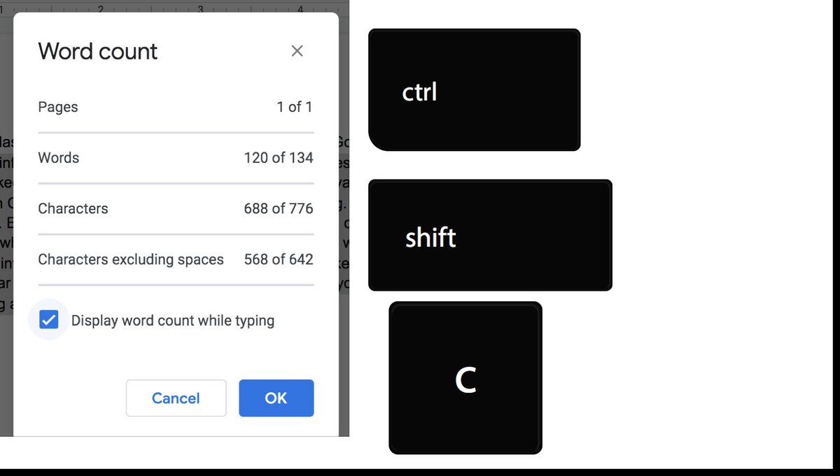 alicekeeler's tweet photo. I have this #keytips memorized

Control Shift C gives me a word count in Google Docs. 

#GoogleEDU https://t.co/CoVMsh3ZXC