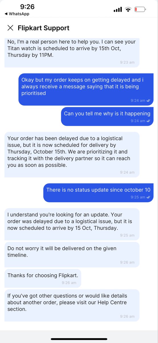 naman177's tweet photo. Terrible Customer Support from Flipkart, My order was supposed to get delivered on 10th Oct but since then the order is delayed and will be delivered next day! When I reached out to customer chat support, they just ended my chat without even asking! @flipkartsupport @Flipkart https://t.co/In4WYLXweg