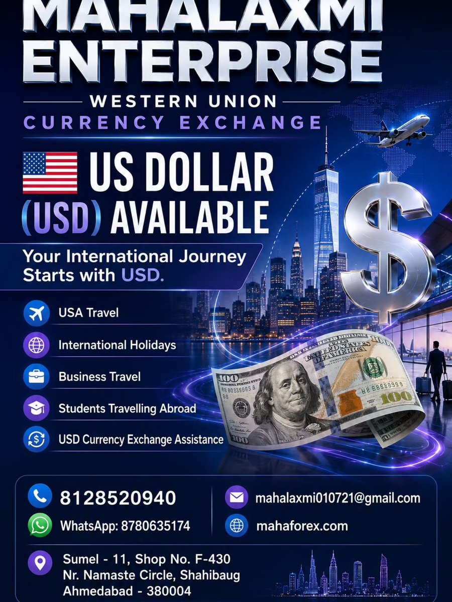 molamasquetu's tweet photo. US Dollars available for your next trip. Be prepared for holidays, study abroad, business travel, and more. Exchange USD before departure for shopping, dining, transportation, and travel expenses. Mahalaxmi Enterprise
Currency Exchange
+91 8128520940 https://t.co/dp3gipviUR