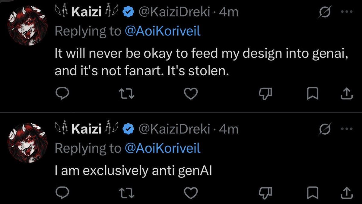 AoiKoriveil's tweet photo. I only asked if they were against AI fan art. I never said I did it. https://t.co/i0OI4lA6ft
