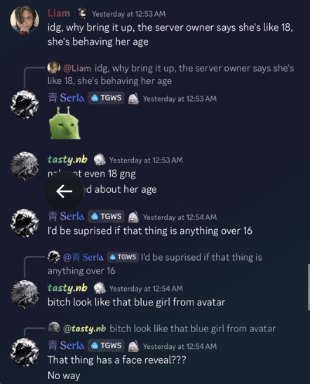kavikkaba's tweet photo. @Vulknir Lol you've started blocking all of the people who support Kuhenki? Where is male accountability? 

You tried to frame that black girl as a racist after the narcissists in your whale server colonised her's. 

then the real racists, misogynists and bigots (your friends) came out https://t.co/YVGU7JQ5LX