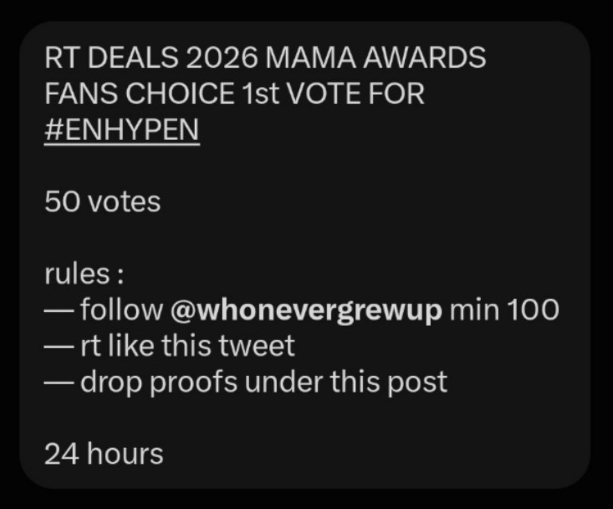 leive_m3_410ne's tweet photo. 💙RT DEALS 2026 MAMA AWARDS FANS CHOICE 1st VOTE FOR #ENHYPEN

🗳️50 votes 

📋Rules :
— follow @whonevergrewup min 100
— rt like this tweet
— drop proofs under this post

⌛24 hours🔚

Please read and follow carefully‼️ https://t.co/lRoIGNLt80