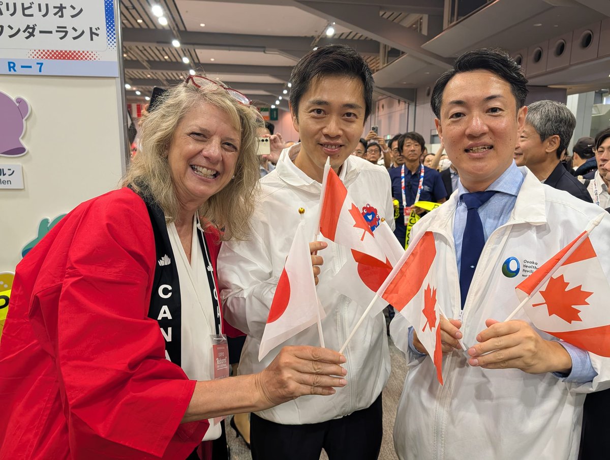 CanEmbJapan's tweet photo. "EXPO Reborn!", marking one year since Expo 2025, welcomed Canada Pavilion Commissioner General and now Deputy Head of Mission Laurie Peters, alongside Osaka Governor Hirofumi Yoshimura and Osaka Mayor Hideyuki Yokoyama.

The Expo spirit lives on. How do you see its legacy? https://t.co/N9bzCFZmFi