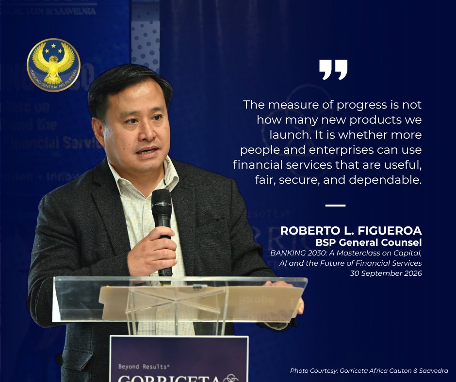 BangkoSentral's tweet photo. The Bangko Sentral ng Pilipinas (BSP) continues to strengthen consumer protection through regulations on digital banking, digital assets, cybersecurity, and artificial intelligence.

Speaking before fintech players, BSP General Counsel Roberto L. Figueroa emphasized that these regulations help manage risks and promote accountability among financial institutions.

These measures foster public confidence in the use of financial products and services by striking the right balance between encouraging innovation and managing the risks that come with it.

#BSP #BSPUpdates