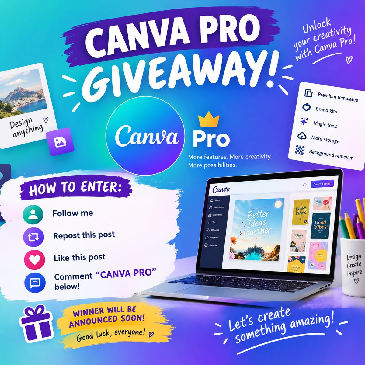 rm61622's tweet photo. 🎉 CANVA PRO GIVEAWAY! 🎨✨

Want to unlock your creativity with Canva Pro? 👀💚

I'm giving away Canva Pro access to one lucky winner! 🏆

How to enter:
💚 Follow me 
🔁 Repost this post 
❤️ Like this post 
💬 Comment “CANVA PRO”

🎁 Winner will be announced soon.
Good luck https://t.co/4ChWus5MtD