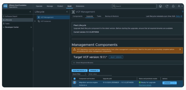 AzaelColon's tweet photo. Upgrading the VCF Migration Service Engine to 9.1.1 Step by Step | A step-by-step walkthrough of upgrading the VCF Migration Service Engine, also shown as VCD_MIGRATOR, from 9.1.0.0200 to 9.1.1 through VCF Operations. – #vExpert Cosmin Trif https://t.co/YgyKGArXVh https://t.co/AE28w73Gr6