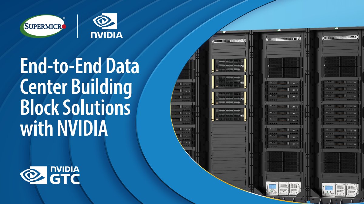 Supermicro's tweet photo. Come visit us at booth #3024, Exhibit Hall 1 at @NVIDIAGTC Berlin to check out our GPU systems and liquid-cooled racks, powered by @nvidia.

- NVIDIA Vera Rubin NVL72 and NVIDIA HGX™ Rubin NVL8 Systems with Supermicro's DCBBS
- NVIDIA Vera CPU system and NVIDIA BlueField™-4 STX
- Super AI Station with NVIDIA GB300

Learn more: https://t.co/5dOnJHHrt2

#Supermicro #NVIDIAGTC #GTC #AI