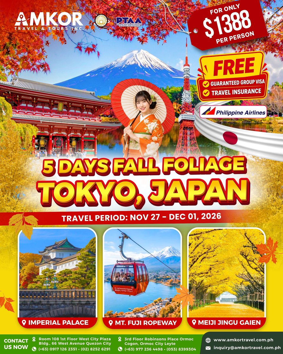 Larmtin's tweet photo. One last autumn escape before winter takes over. Experience Tokyo’s fall-to-winter magic, November 27–December 1, 2026, from Meiji Jingu Gaien and the Imperial Palace to the Mt. Fuji Ropeway. Free group visa and travel insurance included. https://t.co/BFtQoSAUtw