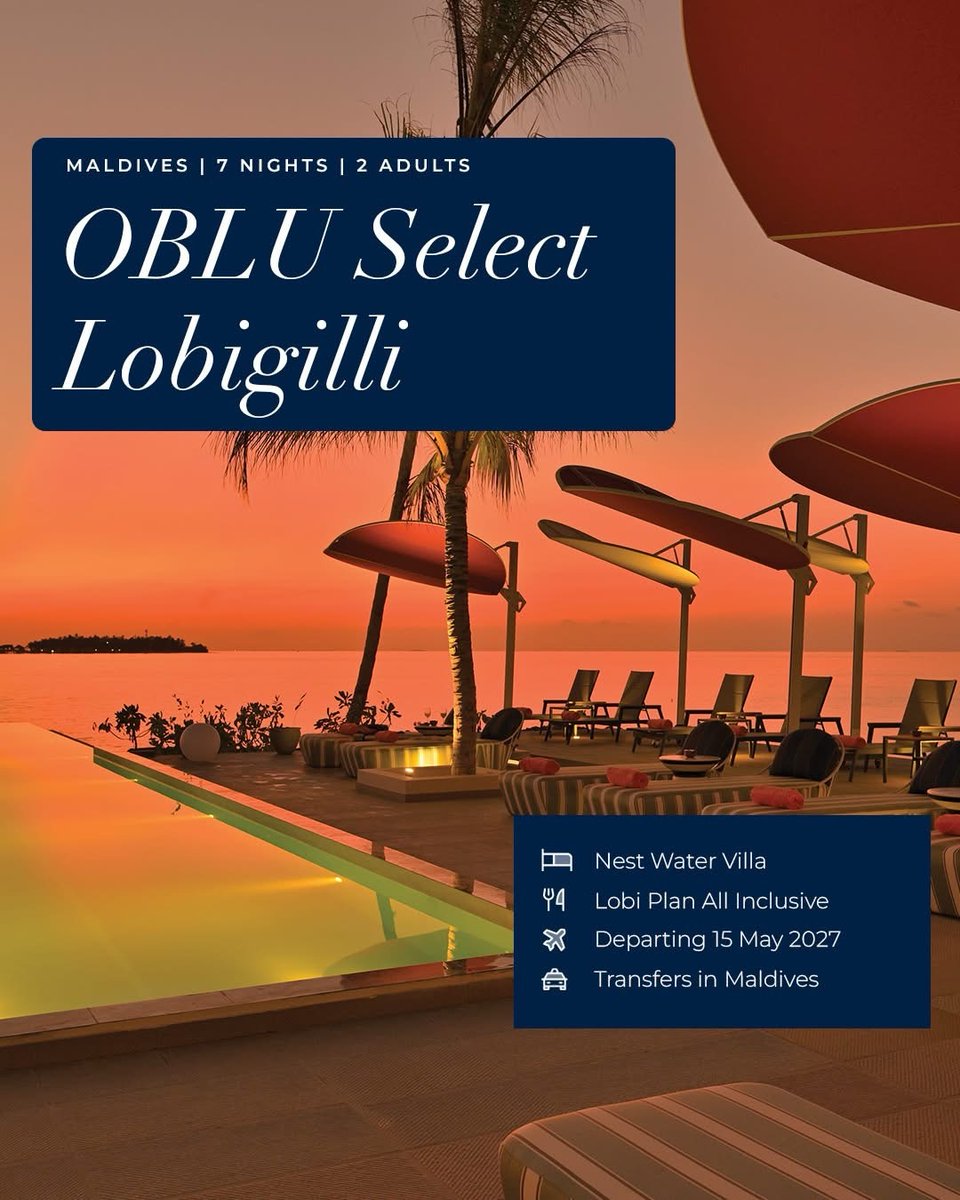 jhon1718's tweet photo. Escape to OBLU SELECT Lobigili, the Maldives’ adults-only Island of Love. 7 nights from £2, 738pp, including transfers, a Nest Water Villa and Lobi Plan All Inclusive. Departing 15 May 2027. https://t.co/Ug78e34RW5