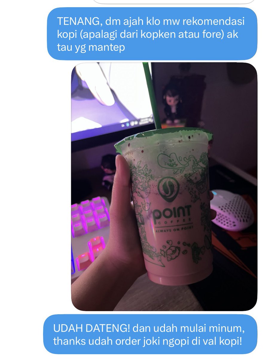 valeorant's tweet photo. FIRST CLIENT LOH YA!😭

makasih udah order jasa joki ngopi di val kopi! yg mau order jg ak masih ada slot untuk hari ini yah!!! gas ngopi tanpa takut aslam naik 🙂‍↕️ https://t.co/PVDGTunR4K