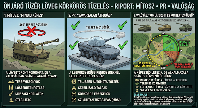 MiklosBorsi's tweet photo. Tüzérségi Metamorfózis 56.

Önjáró Tüzér löveg körkörös tüzelés - Mítosz - PR - Valóság

Készítette : Borsi Miklós

RCH - 155 360 fokban körbe tud lőni, és NEM, nem bukik fel.

Ez a kérdés teljesen jogos, hiszen egy 155 mm-es, L/52-es tüzérségi löveg hátrarúgási ereje (recoil) brutális: körülbelül 60-70 tonnás dinamikus pofonról beszélünk lövésenként. Egy kerekes, magas felépítésű járműnél (mint a Boxer alváz) az ember első logikus gondolata az, hogy ha oldalra fordított toronnyal lő, a fizika törvényei miatt egyszerűen oldalra borul vagy felbukik.

A német mérnökök azonban ezt a problémát két zseniális technikai megoldással teljesen kiküszöbölték:

1. Speciális hidrogázos felfüggesztés (Nem kellenek talpak)
A hagyományos kerekes lövegeknél (mint a cseh DANA vagy a francia Caesar) tüzelés előtt le kell engedni a jármű hátulján vagy oldalán lévő hidraulikus talpakat a földre. Ezek a talpak vezetik el a hátrarúgás erejét a talajba, hogy a teherautó ne boruljon fel.

Az RCH 155 megoldása: Ennél a fegyvernél nincsenek letalpalók. A fegyver a saját kerekein állva lő. A Boxer alváz egy rendkívül fejlett, független, hidrogázos (hidropneumatikus) felfüggesztéssel van ellátva.

technikai és taktikai értelemben van holttér, de nem úgy kell elképzelni, mint egy fizikai falat, ami mögé nem tud lőni, hanem mint egy szoftveresen korlátozott tiltott zónát.

A katonai szakirodalomban ezt a tüzérségi rendszereknél „tiltott tüzelési szektornak” (no-fire zone vagy restricted firing arc) nevezik. Három fő oka van annak, hogy az RCH 155 számítógépe bizonyos helyzetekben nem engedi elütni a lövést:

1. A kabin és a saját jármű védelme (A fizikai holttér)
A legnyilvánvalóbb holttér közvetlenül előre és lefelé található.

A probléma: A Boxer alváz elején ül a kétfős személyzet a páncélozott vezetőfülkében. Bár a tüzérségi lövések szinte mindig magas szögben (felfelé) történnek, ha a csövet teljesen előre forgatják, és hirtelen kis távolságra, lapos szögben (közvetlen irányzással) kellene tüzelni, a cső torkolati fékje közvetlenül a fülke felett vagy előtt lenne.

A tiltás: A brutális torkolati nyomáshullám (gáznyomás) és a torkolattűz szó szerint letépné a fülke külső felszerelését (kamerák, antennák), és megsüketítette vagy megsebesíthetné a bent ülőket. Emiatt a szoftver fizikailag letiltja a lövést egy bizonyos első, lapos szögtartományban.

2. A menet közbeni tüzelés holtterei (A dinamikus holttér)
Amikor az RCH 155 menet közben, haladás közben tüzel (ami a fegyver legnagyobb újdonsága), a holttér folyamatosan változik.

A probléma: Ha a jármű 50 km/h-val megy egy egyenetlen földúton, a futómű folyamatosan billeg. Ha a torony oldalra van fordítva, és a jármű épp egy olyan bukkanóhoz ér, ami miatt az oldalirányú dőlése átlép egy kritikus határt (például 10-15 fokot), a lövés pillanatában fellépő hátrarúgás már valóban felboríthatná a fegyvert.

A tiltás: A giroszkópok és a dőlésérzékelők valós időben küldik az adatokat a tűzvezető számítógépnek. Ha a billenési kockázat túl nagy, a szoftver abban a tizedmásodpercben holttérré nyilvánítja a szöget és blokkolja a tűzkiváltást, egészen addig, amíg a jármű újra stabil pozícióba nem kerül.

3. Az antennák és érzékelők holtterei
A modern harcjárművek teteje tele van létfontosságú digitális eszközökkel: a Bowman vagy Morpheus rádióantennákkal, GPS-vevőkkel, lézeres detektorokkal és a tüzérségi radarok érzékelőivel.

A tiltás: A lövegtorony forgása közben a számítógép milliméterre pontosan tudja, hol vannak ezek az antennák. Ha a cső elfordulás közben túl közel kerülne egy magasra nyúló ostorantennához, a szoftver nem engedi elsütni a fegyvert, nehogy a saját lövedék vagy a gázsugár megsemmisítse a jármű méregdrága kommunikációs berendezéseit.

Hogyan oldja meg ezt a tüzérségi taktika?
A gyakorlatban ez a holttér ritkán okoz harci problémát, mert a tábori tüzérség alapvető működése kivédi:

Indirekt tűz: Mivel a célpontok több tíz kilométerre vannak, a cső szinte mindig meredeken (30–65 fokos szögben) felfelé néz. Ebben a magasságban a torony akadálytalanul körbeforoghat, mert a lövés ereje nem oldalra, hanem a futómű rugóira hat lefelé.

A vezető korrekciója: Ha a fegyvernek mégis közvetlen irányzással (lapos szögben, mint egy harckocsinak) kellene védekeznie egy váratlanul felbukkanó ellenséggel szemben, a fülkében ülő sofőr a monitoron azonnal látja, ha a torony holttérbe (tiltott zónába) ütközött. Ilyenkor egyetlen kormánymozdulattal 20-30 fokkal elfordítja a Boxer alvázat a földön, és a célpont máris kikerül a holttérből, a löveg pedig tüzelhet.

Hogyan működik? A lövés tizedmásodpercében a számítógép vezérelte lengéscsillapítók azonnal "megkeményednek", és merev hídként viselkednek. A futómű és a hatalmas, széles gumiabroncsok rugalmassága elnyeli és szétteríti a lövési energiát a talaj felé. A jármű megmoccan, kicsit berugózik, de stabilan a földön marad.

2. Intelligens tűzvezető szoftver (Biztonsági zónák)
A lövegtorony (az AGM modul) fizikailag képes korlátozás nélkül, 360 fokban körbeforogni. Azonban a fedélzeti számítógép pontosan ismeri a jármű súlypontját és dőlésszögét.

Lapos szögű lövések oldalra: Ha a cső teljesen oldalra (90 fokban) néz, és a parancsnok maximális lőportöltettel, nagyon lapos szögben (közvetlen irányzással) akarna lőni, a billenőnyomaték valóban veszélyes lenne.

A szoftveres védelem: A tűzvezető számítógép ilyenkor automatikusan közbelép. Ha a célpont olyan pozícióban van, ami veszélyeztetné a jármű stabilitását, a rendszer egyszerűen letiltja a lövést, vagy utasítja a vezetőt, hogy pár fokkal forduljon el a jármű testével. A gyakorlatban a tüzérségi lövések 95%-a magas röppályán (meredek szögben) történik, ahol az erőhatás nagyrészt függőlegesen lefelé, a futóműre nehezedik, nem pedig oldalra.

Miért volt ez kulcsfontosságú a fejlesztésnél?
A 360 fokos, letalpalás nélküli képességre pontosan a korábban említett modern vándor löveg (shoot-and-scoot) taktika miatt volt szükség.

Ha a járműnek meg kellene állnia, kiengednie a talpakat, megvárni, míg a torony befordul, majd lövés után visszaemelni a talpakat, az értékes perceket venne igénybe. Így viszont, hogy a futómű talpak nélkül is elbírja a 360 fokos tüzet, az RCH 155 képes arra, hogy menet közben az út közepén hirtelen megálljon, oldalra csapva kilőjön 3 gránátot, és 15 másodperc múlva már robogjon is tovább. Nem borul fel, nem bukik fel – a futóműve és a szoftvere tökéletesen ellensúlyozza a fizikát.

Amikor a tűzvezető számítógép azért tiltja le a lövést, mert a jármű felborulhatna, a tüzérségi parancsnoki láncban és a fegyverrendszerben egy nagyon gyors, automatizált folyamat zajlik le.

Ez a helyzet – katonai műszaki nyelven a kritikus stabilitási határ átlépése – a következőképpen néz ki a gyakorlatban:

1. Mi történik a lövegben a letiltás pillanatában?
Az RCH 155 digitális architektúrája nem várja meg, amíg a jármű kerekei elemelkednek a földtől. A dőlésérzékelők és a torony giroszkópjai folyamatosan mérik a löveg helyzetét.

A riasztás: Amikor a torony ráfordul a célra, de a számítógép kiszámítja, hogy a lövési vektor és a futómű pillanatanyi dőlésszöge miatt a hátrarúgás kibillenté a járművet a tömegközéppontjából, a kezelők monitorján azonnal felvillan egy vörös riasztási jelzés (szoftvertől függően ez általában a "Firing Denied - Stability Hazard" vagy hasonló felirat).

A fizikai blokkolás: A rendszer elektronikusan megszakítja az elsütőszerkezet áramkörét. Hiába nyomja meg a parancsnok az élesítést vagy a gombot, a fegyver nem fog elsülni. A lövegtorony rögzített pozícióban marad, de zárolva van.

2. Mit tesz ilyenkor a 2 fős legénység?
Mivel az RCH 155-nél a parancsnok és a vezető egy fülkében ül, a kommunikáció azonnali. A letiltás után a tüzértiszti doktrína szerint a következő lépések történnek:

A) A legegyszerűbb megoldás: Alváz-korrekció
A vezető kap egy jelzést, hogy a jármű teste rossz szögben áll a lejtőhöz vagy a célhoz képest.

A sofőr beindítja a motort (ha épp álltak volna), és pár méterrel odébb áll, vagy 20-30 fokkal elfordítja a Boxer teherautó orrát.

Amint az alváz iránya megváltozik, a lövési erőhatás máshogy oszlik el a hidrogázos rugózáson (például az oldalirányú billentő erő helyett a váz hossztengelyére, a hátsó kerekekre terhelődik a rúgás).

A monitoron a jelzés vörösről zöldre vált, a szoftver feloldja a zárat, és a löveg azonnal tüzelhet. Ez az egész procedúra alig 10-15 másodpercet vesz igénybe.

B) Szoftveres lőszer-korrekció (Ha nincs idő mozogni)
Ha a jármű beszorult egy szűk helyre (például erdei úton áll, ahol nem tud elfordulni), a parancsnok megpróbálhatja szoftveresen módosítani a tűzfeladatot.

Kisebb töltet: Ha a számítógépben a parancsnok visszavesz a lőportöltetből (példányul maximális 6-os zónatöltet helyett csak 4-est vagy 3-ast választ), a hátrarúgás ereje radikálisan csökken.

Ha a kisebb hatóerővel a jármű már garantáltan stabil marad, a számítógép zöld utat ad. Ennek persze az az ára, hogy a lövedék rövidebb távolságra fog repülni, így a parancsnoknak mérlegelnie kell, hogy eléri-e még így is a célt.

3. Mi van, ha a hálózati TOT rendszerben történik a tiltás?
Itt jön képbe a korábban részletezett brit FC BISA vagy a Morpheus hálózati intelligencia.

Ha ez a löveg egy nagyobb tüzérségi kötelék tagjaként egy összehangolt TOT (Time on Target) csapásban vett volna részt, és a saját fedélzeti számítógépe letiltja a lövést, a rendszer nem omlik össze:

Az RCH 155 digitális tűzvezetője a Bowman rádión keresztül azonnal jelenti a tüzérosztály központjának, hogy az ő pozíciójából a tűzfeladat stabilitási okok miatt nem végrehajtható.

A központi FC BISA szoftver a tizedmásodperc töredéke alatt újraszámolja a feladatot, és átirányítja a tűzparancsot egy másik, jobb pozícióban lévő lövegnek vagy ütegnek.

A célponton a gránátok így is egyszerre fognak becsapódni, a kieső csövet a hálózat automatikusan pótolja.

A szoftveres tiltás tehát nem hiba, hanem a jármű és a méregdrága technika túlélésének a záloga. A modern tábori tüzérségben a számítógép előbb védi meg a fegyvert a saját fizikai erejétől, minthogy engedné a kezelőknek, hogy egy rossz pozíció miatt felborítsák a több millió fontos harceszközt.

más modern kerekes önjáró lövegeknek is van hasonló védelmi rendszere, hiszen a fizika törvényei mindegyikre ugyanúgy vonatkoznak. Viszont a korlátozások mértéke és a technikai megoldások radikálisan eltérnek attól függően, hogy az adott löveg milyen generációt képvisel, és hogyan tervezték meg a futóművét.

A tábori tüzérségben a kerekes rendszereket a stabilitás és a holttér szempontjából három nagy csoportra oszthatjuk:

1. A klasszikus „Platós” tarackok (pl. francia CAESAR, ukrán BOHDANA)
Ezeknél a rendszereknél egy normál, nehéz katonai teherautó alvázára szerelik rá a löveget.

A stabilitás ára: Ezek a fegyverek egyáltalán nem képesek letalpalás nélkül lőni. Tüzelés előtt egy hatalmas hidraulikus talpat (sarkantyút) kell a földbe süllyeszteni a jármű hátulján, ami konkrétan megemeli a teherautó farát.

Hatalmas holttér: Mivel a hátrarúgási erőt ez a hátsó talp vezeti el a talajba, a löveg csak hátrafelé, egy szűk (kb. 30-60 fokos) szektorban képes tüzelni. Ha oldalra fordítanák a csövet, a teherautó vázszerkezete azonnal megcsavarodna és eltörne, vagy a jármű felborulna. Itt a szoftveres letiltás helyett a torony mechanikusan sem képes oldalra fordulni.

2. A kazettás, forgótornyos rendszerek (pl. cseh DANA, ZUZANA 2)
A csehszlovák tüzérségi iskola már évtizedekkel ezelőtt felismerte a 360 fokos tűzkiváltás igényét, egy teljesen egyedi megközelítéssel.

Hogyan oldják meg? A DANA vagy a modern ZUZANA 2 egy hatalmas, 8x8-as Tatra alvázra épül. A jármű közepén és hátulján 3 vagy 4 darab hidraulikus láb található, amelyek tüzelés előtt oldalra és lefelé kitolódnak, teljesen elemelve a teherautó súlyát a kerekekről.

A letiltás náluk is létezik: Bár a torony 360 fokban körbe tud forogni, a fedélzeti számítógép itt is szigorúan korlátozza a lövést. Ha a talaj puha (például sár vagy homok), és az egyik hidraulikus talp a lövések hatására süllyedni kezd, a dőlésérzékelők azonnal blokkolják a tűzkiváltást, mert a löveg instabillá válik. Náluk a menet közbeni tüzelés eleve kizárt.

3. A lánctalpas nehéztüzérség (pl. német PzH 2000, amerikai M109 Paladin)
A lánctalpas önjáró tarackok teljesen más kategóriát képviselnek, náluk a borulás veszélye szinte ismeretlen.

A fizikai előny: A lánctalpas alvázak súlypontja rendkívül alacsonyan van, maguk a járművek pedig nehezek (egy PzH 2000-es közel 55 tonna, szemben az RCH 155 kb. 39 tonnájával). A hatalmas, széles lánctalpfelület olyan stabilan fekszik a földön, hogy a löveg bármilyen szögben, 360 fokban korlátozás nélkül lőhet, nincs szükség letalpalásra.

Holttér náluk is van: Bár nem borulnak fel, a szoftveres letiltás náluk is működik. Például, ha a cső teljesen előre néz, de a harckocsitest egy meredek árok szélén áll, a cső nem engedhető le egy bizonyos fok alá, nehogy a torkolati nyomás megrongálja a jármű elejére szerelt páncélzatot, vezetői periszkópokat vagy hullámtörő lemezeket.

Összegezve: Miért egyedülálló mégis az RCH 155?
A többi fegyverrendszerhez képest az RCH 155 intelligens védelme azért különleges, mert ez az első olyan rendszer, amelynél a szoftvernek dinamikus, mozgás közbeni adatokat kell feldolgoznia.

Míg egy ZUZANA vagy CAESAR esetében a számítógép csak azt ellenőrzi, hogy a fixen leengedett talpak stabilan állnak-e a mozdulatlan földön, addig az RCH 155-nél a rendszernek menet közben, a másodperc törtrésze alatt kell kiszámolnia: „Ha most, 40 km/h-s sebességnél, balra 45 fokban elfordított toronnyal elütöm a lövést ezen a bukkanón, megtart-e a hidrogázos rugózás, vagy szoftveresen le kell tiltanom?”

A letiltó és korlátozó biztonsági rendszer tehát minden modern önjáró lövegben létezik, de az RCH 155 emelte ezt a legmagasabb, repülőgép-szintű digitális szintre.

Az RCH 155-ös önjáró löveg 360 fokos (körkörös), menet közbeni tüzelési képességére, valamint a dőlésérzékelő és letiltó szoftverek működésére vonatkozó adatok, elemzések és leírások az alábbi hivatalos, nyílt forrású védelmi-ipari és haditechnikai (OSINT) forrásokból származnak:

1. Gyártói és fejlesztői dokumentációk (KNDS)
KNDS (Krauss-Maffei Wegmann & Nexter) AGM specifikációk: A gyártó hivatalos termékismertetői és műszaki brossúrái az AGM (Artillery Gun Module) rendszerről. Ezek a dokumentumok részletesen leírják a moduláris lövegtorony kiegyensúlyozását, a hidrogázos futómű terheléselosztási mechanizmusát, valamint azt, hogy a Boxer 8x8-as alváz dőlésérzékelő szoftverei hogyan kalkulálják ki a biztonságos tüzelési szektorokat menet közben.

OCCAR Boxer Program füzetek: A nemzetközi fegyverkezési szervezet hivatalos kiadványai, amelyek a Boxer moduláris platform stabilitási tesztjeit és a nehéz tüzérségi felépítmények integrációs vizsgálatait tartalmazzák.

2. Nemzetközi haditechnikai adatbázisok és szaklapok
Janes Land Warfare Platforms / Janes Defence Weekly: A világ vezető katonai adatbázisának részletes szakmai elemzései az RCH 155-ös dinamikus tűzkiváltási képességeiről. Külön cikkek foglalkoznak azzal a repülőgép-szintű digitális architektúrával, amely a jármű mozgása (bukkanók, dőlésszögek) közben tizedmásodpercek alatt számítja ki, hogy a hátrarúgási erőhatás átlépi-e a kritikus stabilitási határt.

Army Technology & Defense News: Védelmi-ipari hírportálok tényfeltáró és elemző cikkei a kerekes tüzérségi rendszerek evolúciójáról, bemutatva a francia CAESAR vagy a cseh ZUZANA 2 fix leletalpalásos korlátaival szembeni különbségeket, és az RCH 155 egyedülálló, szoftveresen biztosított körkörös szabadságát.

3. Katonai agytrösztök és harctéri elemzések
Royal United Services Institute (RUSI) tanulmányok: A brit védelmi agytröszt elemzései a modern "shoot-and-scoot" (tüzelj és fuss) eljárásokról. A RUSI anyagai részletesen taglalják, hogyan védi meg a digitális tűzvezető számítógép a fegyvert a saját fizikai erejétől (a letiltási protokollok révén), ha a legénység rossz pozícióból kísérelne meg lövést leadni.

Militarnyi (https://t.co/NrxDY3bEEP) & Defense Express (Ukrajna): Ukrán katonai szakportálok jelentései az Ukrajna által megrendelt RCH 155-ösök hátországi tesztjeiről és szoftveres finomhangolásáról. Ezen OSINT források követték nyomon, hogyan integrálták a német dőlésérzékelő és biztonsági rendszereket a valós harctéri viszonyokhoz, és hogyan reagál a fegyver szoftvere, ha a sár vagy instabil talaj miatt felborulási vészhelyzet lépne fel.

Melléklet rögzítése:feldolgozásával, Mesterséges Intelligencia interaktív alkalmazásával és szintézisével készült.