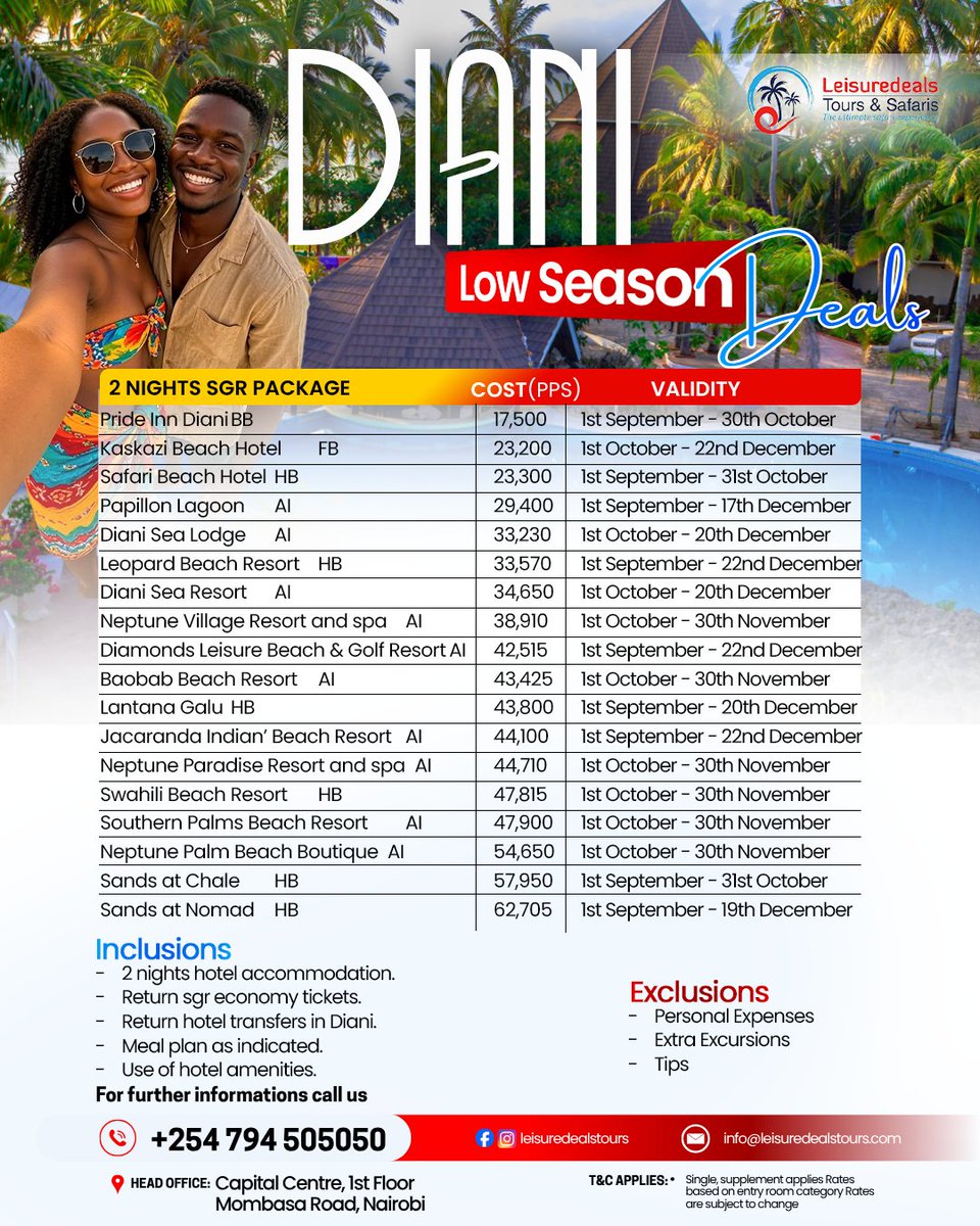 BrunaMaxibyte's tweet photo. Diani low-season deals from KES 17, 500 per person sharing. Enjoy 2 nights with return SGR economy tickets, Diani hotel transfers, selected meal plans and hotel amenities. Terms apply. Call/WhatsApp: +254 794 505050 https://t.co/nGrSILDa05