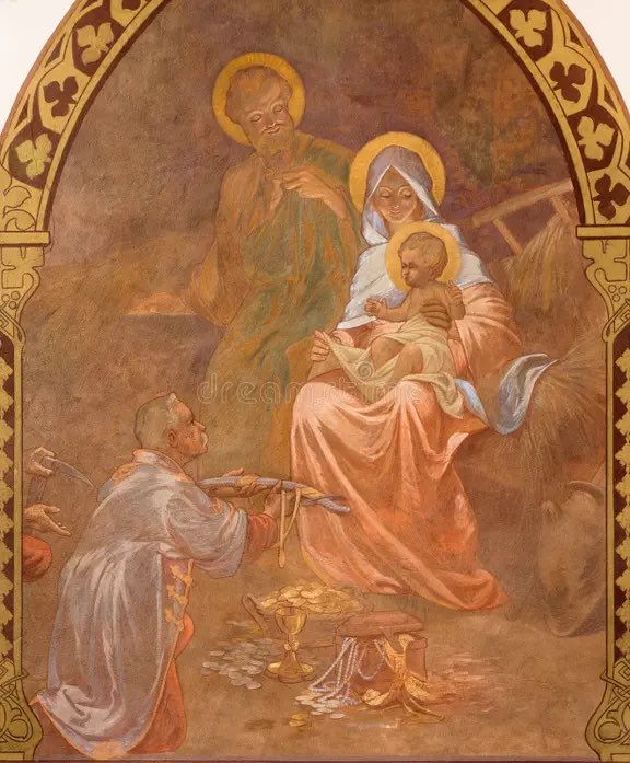 EOB174's tweet photo. Jesus Christ, my God, I adore You and thank You for all the graces You have given me this day. I offer You my sleep and all the moments of this night. I place myself and all my loved ones, wherever they may be, in Your sacred side and under the mantle of Our Blessed Mother. Let Your holy angels stand watch and keep us in peace. Amen.

“The Holy Family” by Jan Antal presents a warm and intimate portrayal of Mary, Joseph, and the Christ Child, rendered with a gentle, devotional simplicity that emphasizes familial love and quiet holiness.
The composition is closely framed, bringing the three figures into an intimate grouping that fills the pictorial space. Mary and Joseph incline toward the Christ Child, forming a unified triangular arrangement that reinforces harmony and unity. The absence of elaborate setting details directs full attention to the sacred relationship between the figures.
Symbolism: The halos surrounding each figure affirm their sanctity, while the simplicity of their garments reflects humility and the hidden life of the Holy Family. The Christ Child’s gesture, with hands slightly raised, may be interpreted as a subtle sign of blessing, hinting at His divine identity even in infancy. The closeness of the figures symbolizes the unity of the family as a model of spiritual and human love.