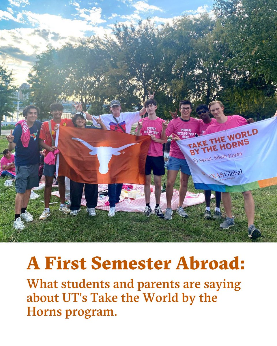 UTAustin's tweet photo. Take the World by the Horns lets UT Austin freshmen spend their first semester abroad, learning beyond the classroom and building lasting connections! 🤘🌎

Hear from students and parents about their experiences: https://t.co/zGk2XFvKkV https://t.co/FWcZ4nZxxq