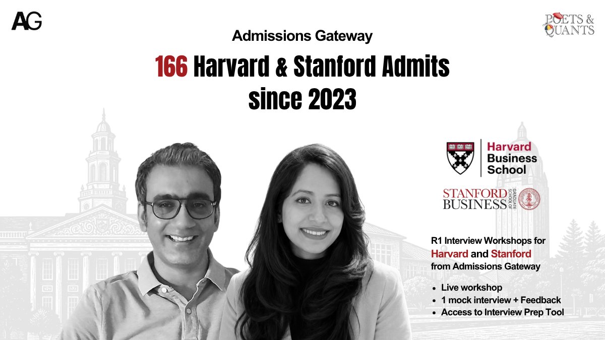 PoetsAndQuants's tweet photo. Invited to interview at HBS or Stanford GSB? Join live R1 interview workshops from Admissions Gateway. 

Register Now: https://t.co/5TvyhbMwnB

@AGMBA_

#MBA #HBS https://t.co/GZGrLQZEda