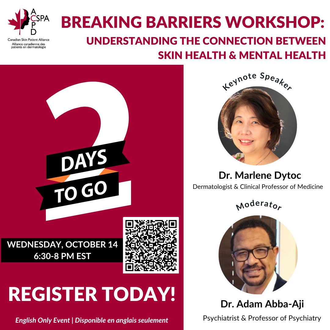 CanadianSkin's tweet photo. Join CSPA for our free virtual Breaking Barriers workshop, where we discuss the relationship between skin conditions &amp; mental well-being, share evidence-based coping strategies, &amp; ways to build resilience. Wed. Oct 14 from 6:30–8:00 p.m ET
Register https://t.co/2gDlmf8NCY https://t.co/ugnyl3Tf3g