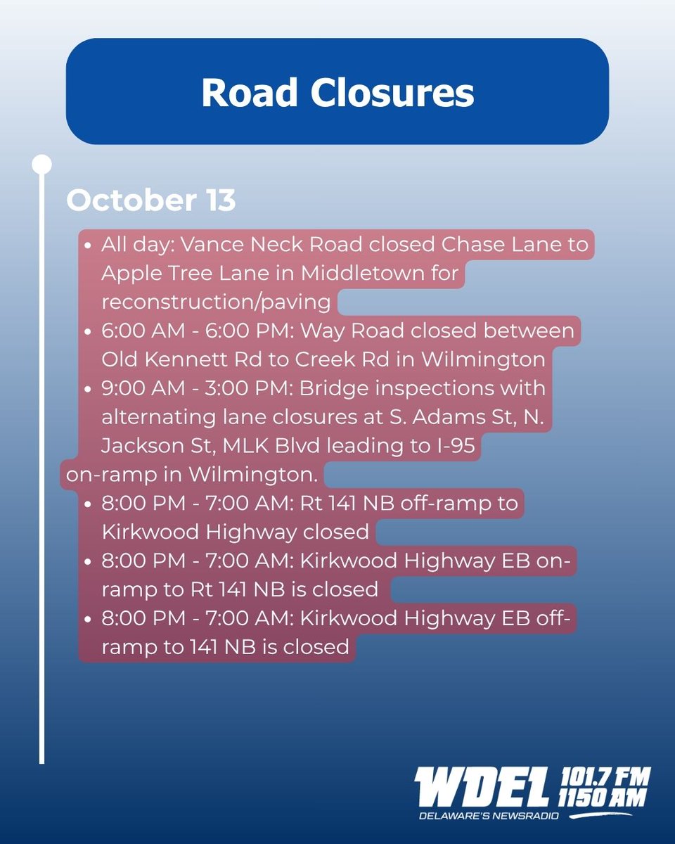 wdeltfx's tweet photo. Construction projects for tomorrow's commute:
#netde #wdeltrafficwatch #DETRAFFIC #DelawareTraffic
@DelDOTTraffic
@DelawareDOT https://t.co/p64DWed5pD