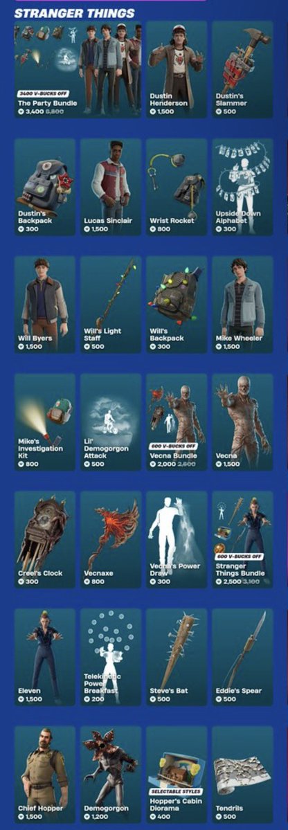FortniteNews178's tweet photo. Stranger Things’ Vecna is back in the Fortnite Item Shop until October 17! 

Vecna — Bundle | 2000 V-Bucks
- Vecna — Outfit | 1500 V-Bucks
- Creel’s Clock — Back Bling | 300 V-Bucks
- Vecnaxe — Pickaxe | 800 V-Bucks
- Vecna’s Power Draw — Emote | 500 V-Bucks https://t.co/IgUhA4FArv