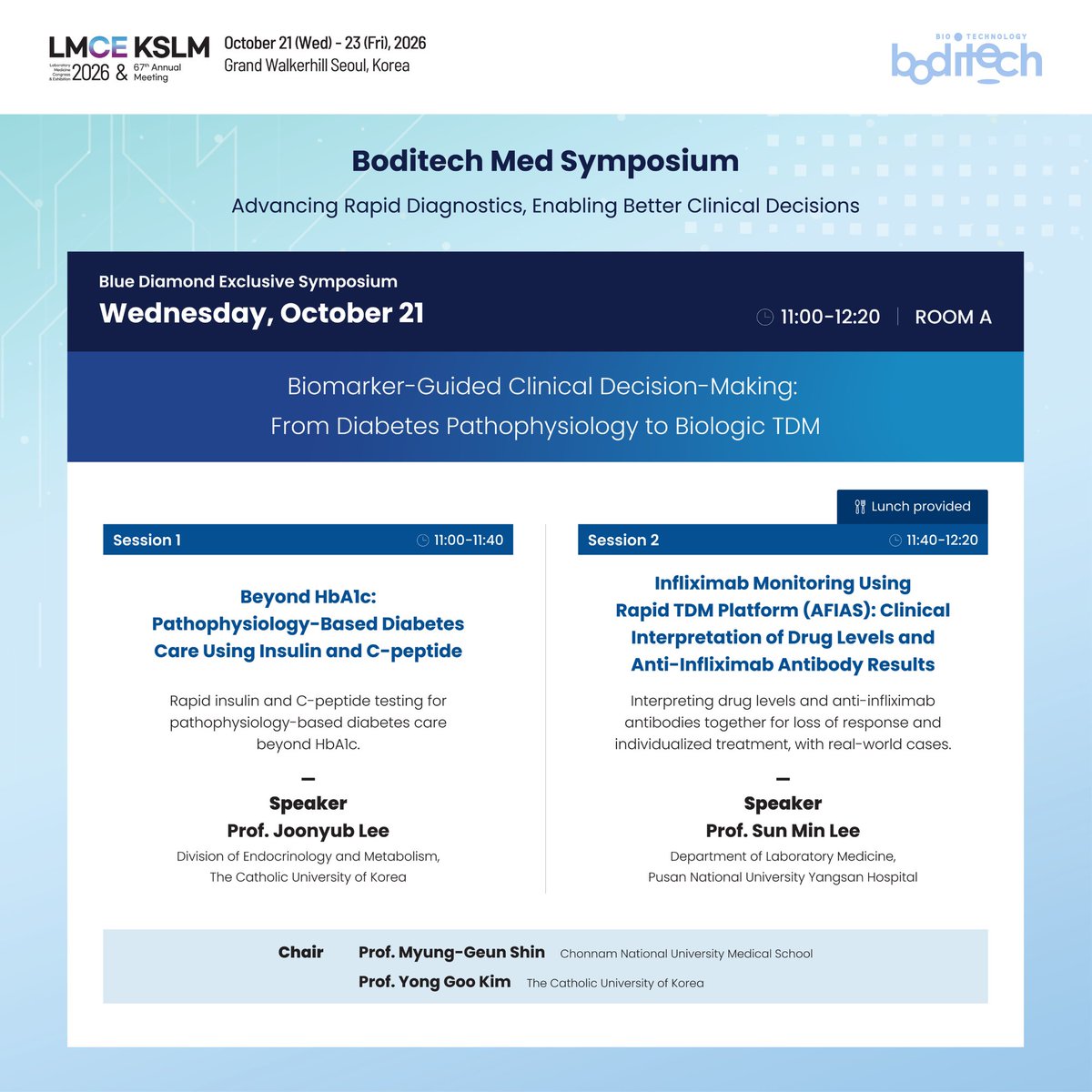 boditech's tweet photo. Meet Boditech Med at LMCE 2026 in Seoul!
Join our Oct 21 symposium featuring:
๐น Beyond HbA1c: Insulin & C-peptide in diabetes care
๐น Infliximab monitoring with AFIAS TDM
๐ Room A | 11:00โ12:20
๐ VISTA HALL | Booth 2
#LMCE2026 #BoditechMed #AFIAS #TDM https://t.co/6pKHFyuSKZ