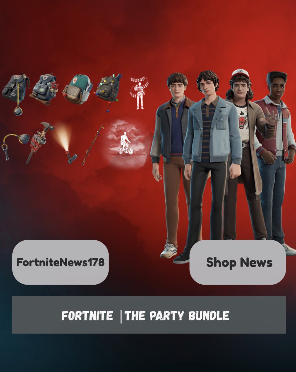 FortniteNews178's tweet photo. Stranger Things’ The Party is back in the Fortnite Item Shop until October 17!

The Party — Bundle | 3400 V-Bucks
- Dustin Henderson — Outfit | 1500 V-Bucks
- Dustin’s Slammer — Pickaxe | 500 V-Bucks
- Dustin’s Backpack — Back Bling | 300 V-Bucks
- Lucas Sinclair — Outfit | 1500 V-Bucks
- Wrist Rocket — Pickaxe | 800 V-Bucks
- Upside Down Alphabet — Emote | 500 V-Bucks
- Will Byers — Outfit | 1500 V-Bucks
- Will’s Light Staff — Pickaxe | 500 V-Bucks
- Will’s Backpack — Back Bling | 300 V-Bucks
- Mike Wheeler — Outfit | 1500 V-Bucks
- Mike’s Investigation Kit — Pickaxe | 800 V-Bucks
- Lil’ Demogorgon Attack — Emote | 500 V-Bucks
