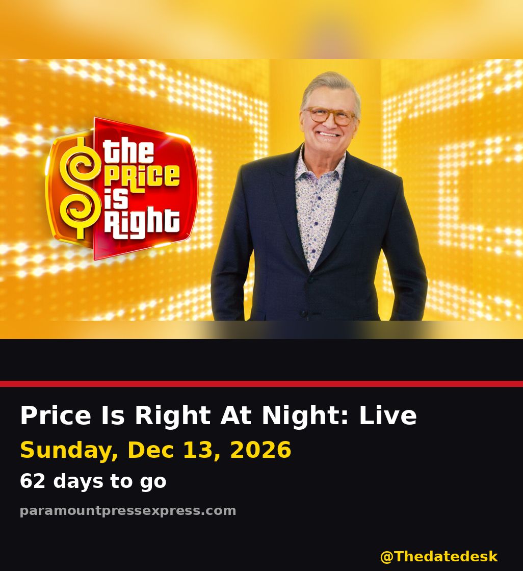 Thedatedesk's tweet photo. For the first time in 54 years on CBS, The Price Is Right goes live. The Price Is Right At Night: Live Holiday Special airs Sunday, Dec 13 at 8pm ET/PT with Drew Carey. 62 days to go. https://t.co/jX4YxMQnrY #ThePriceIsRight #DrewCarey https://t.co/0ILvXU9DXO