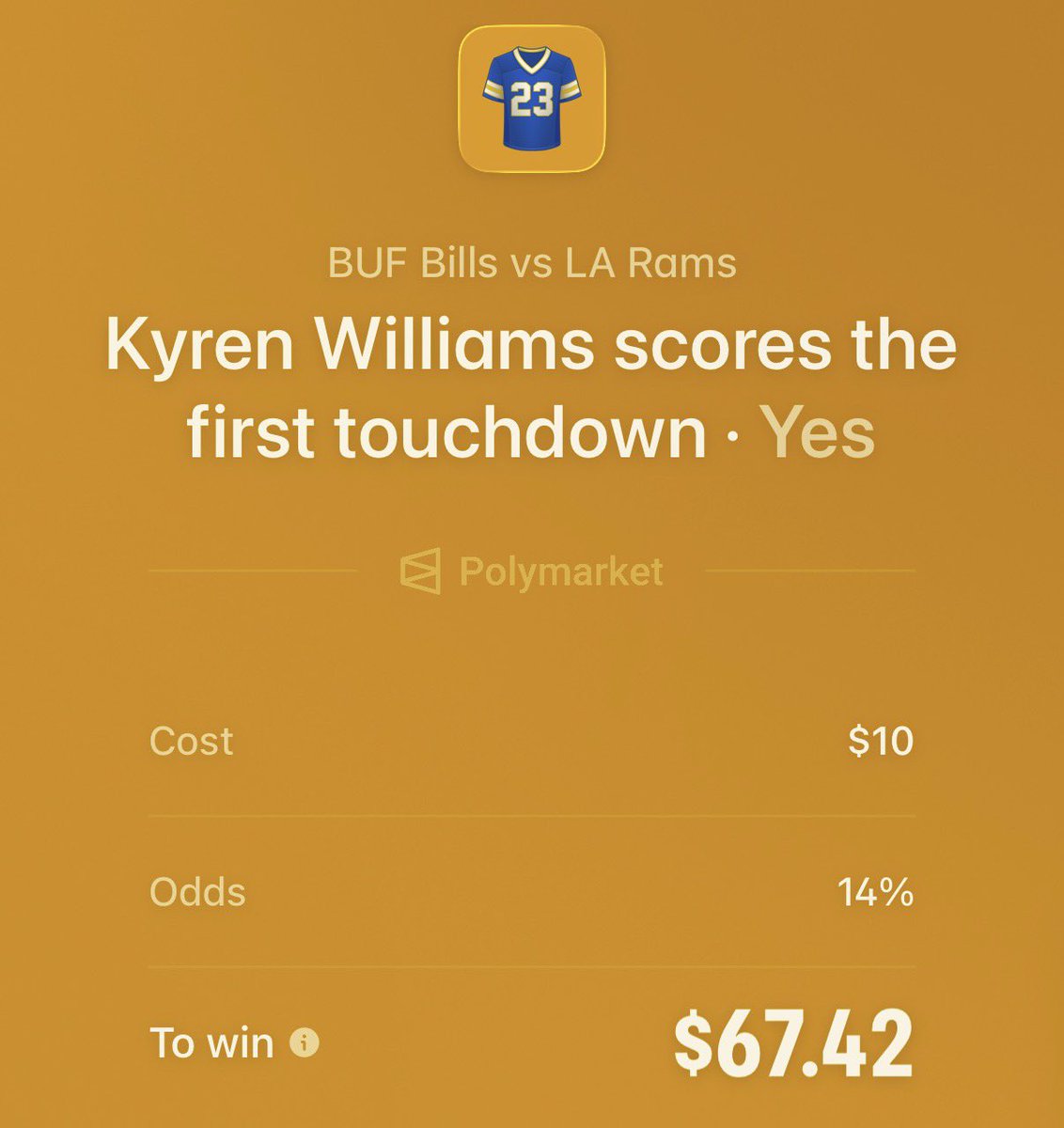 XutuTrading's tweet photo. Day 5 of trading on @Polymarket in hopes of receiving a follow back from them😳

Will Kyren knock the first TD in tonight?

#xutupolymarket https://t.co/QFfjJnPWYX