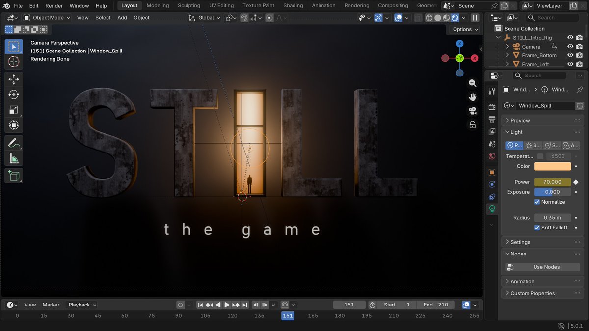 stillthegame's tweet photo. Behind the scenes 👇 rendered viewport, the concrete node tree, the set with lights and camera, and the window flicker curves.

The whole scene is generated by a Python script, so any change is one line and a re-render. https://t.co/gbWMd0uCsz