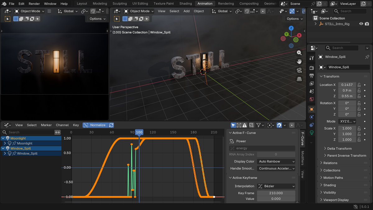 stillthegame's tweet photo. Behind the scenes 👇 rendered viewport, the concrete node tree, the set with lights and camera, and the window flicker curves.

The whole scene is generated by a Python script, so any change is one line and a re-render. https://t.co/gbWMd0uCsz