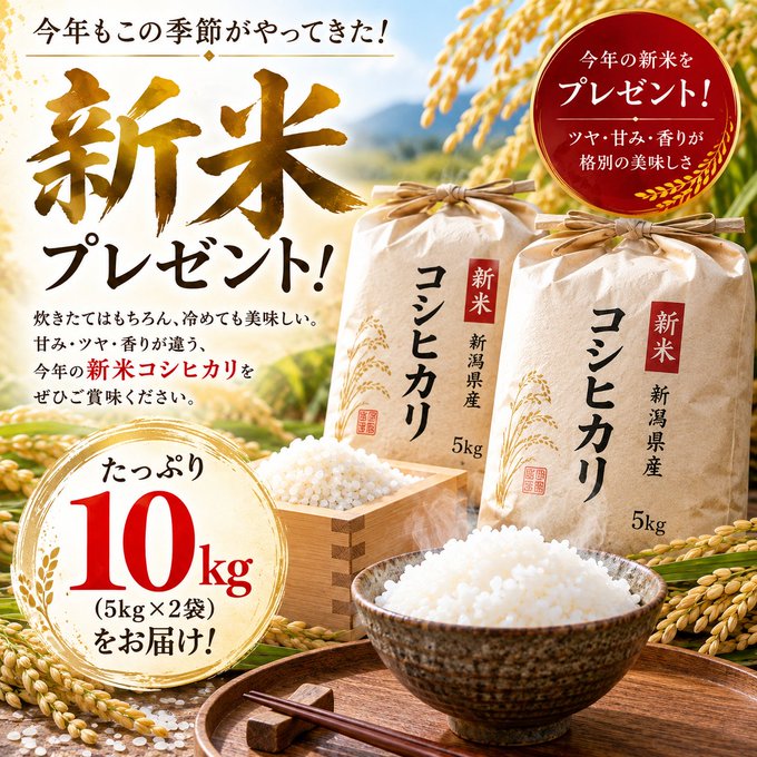 komachido_rice's tweet photo. 🌾全国民待望の新米プレゼント🌾

＼新米コシヒカリ 10kg🎁／
5kg×2袋をどーんとプレゼント✨
炊きたてのツヤ、甘み、香り。
この時期だけの美味しい新米を
ぜひご家庭でお楽しみください🍚

【応募方法】
①当アカウントをフォロー
②リポスト＆いいね

締切：10/16
新米食べたい人は「🍚」でリプ👇 https://t.co/ngrGmG9caO